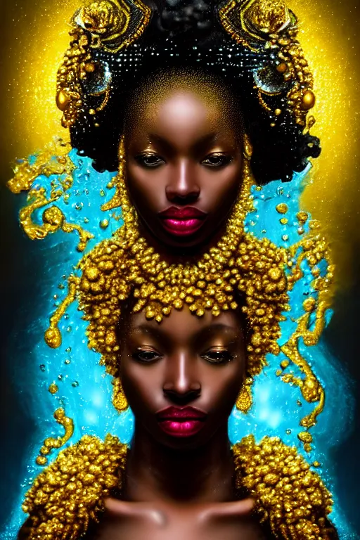Image similar to hyperrealistic post rococo cinematic very expressive! black oshun goddess, in water up to her shoulders, mirror dripping droplet!, gold flowers, highly detailed face, digital art masterpiece, smooth eric zener cam de leon dramatic pearlescent back lighting, low angle uhd 8 k, sharp focus