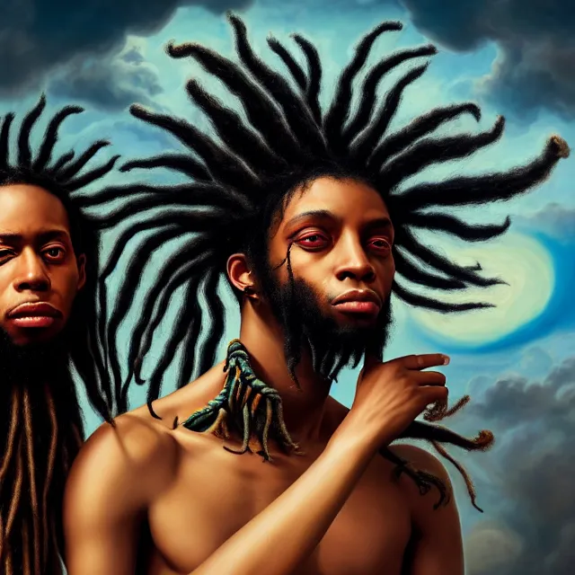 Image similar to hyperrealistic hyper detailed neo - surreal 8 5 mm portrait of two black goth male wikiing's with dreadlocks matte painting concept art hannah yata dali very dramatic soft light low side angle shot hd 8 k sharp shallow depth of field