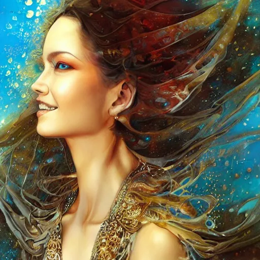 Prompt: a beautiful woman wearing a kaftan manipulating water by karol bak, ayami kojima, artgerm, river, water, blue eyes, smile, concept art, fantasy