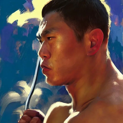 Prompt: greg manchess portrait of a filipino mma fighter looking shocked as he drops his sword, profile picture, organic painting, sunny day, matte painting, bold shapes, hard edges, street art, trending on artstation, by huang guangjian, gil elvgren, ruan jia, randy vargas, greg rutkowski