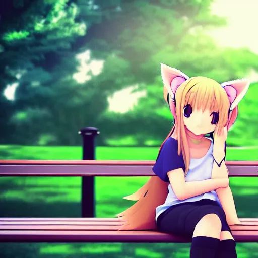 Image similar to 3 d photo of an anime girl with cat ears and long blond hair looking to her side, sitting on a bench with a park behind her, bokeh, shader, anime art style, highly detailed, cel - shaded, colorful, animated, trending