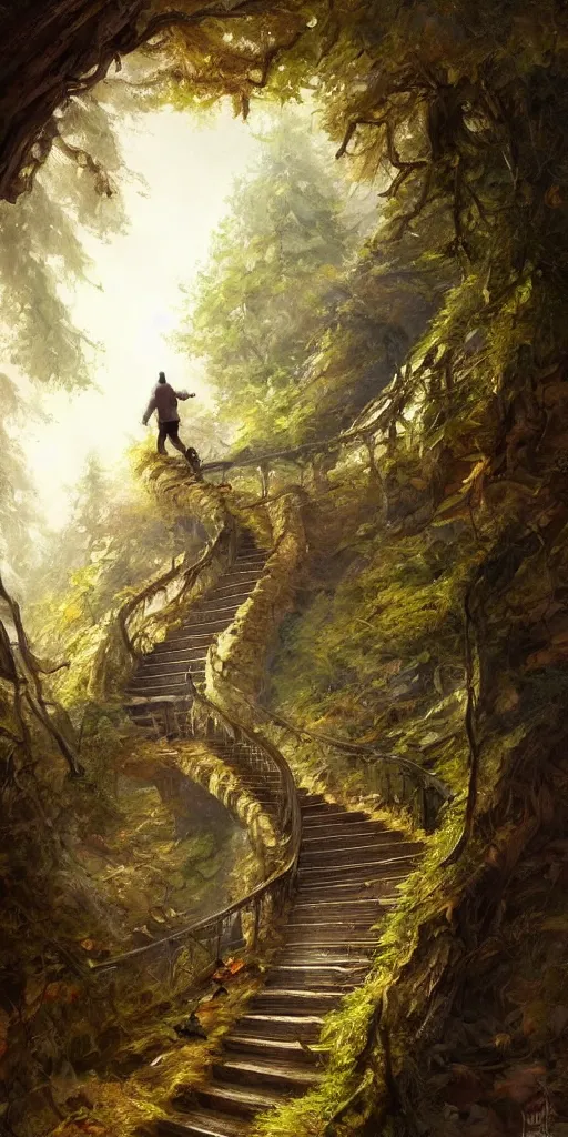 Prompt: a man walking up a steep and winding staircase, in beautiful woods, intricate, elegant, highly detailed, oil painting, artstation, concept art, sharp focus, beautiful illustration, society, by justin gerard and artgerm, 4 k