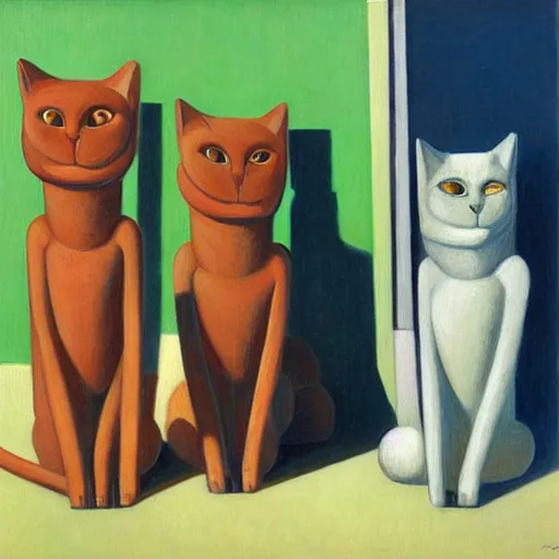 Image similar to three brutalist feline robots portrait, grant wood, pj crook, edward hopper, syd mead, oil on canvas