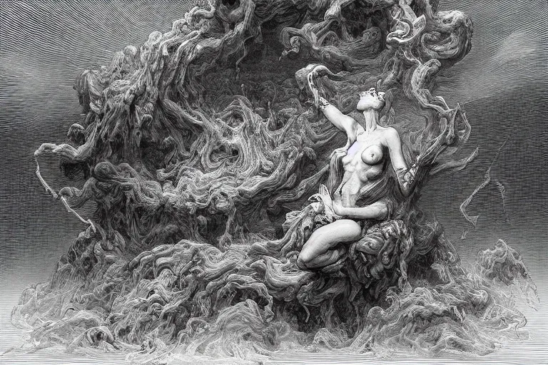 Prompt: the oracle of death rising from a cyclone of smoke and ashes by gustave dore by james jean