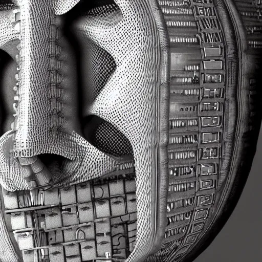 Image similar to a close up of a mask on a table, cyberpunk art by Giger, zbrush central contest winner, afrofuturism, made of paperclips, darksynth, made of liquid metal