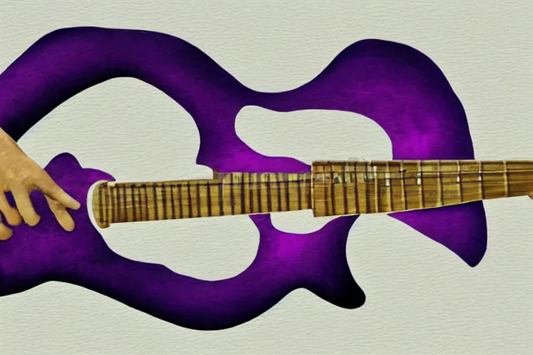 Prompt: dripping purple faded paint across the shape of a human playing guitar, realistic, extremely detailed, coming out of a white mystical background