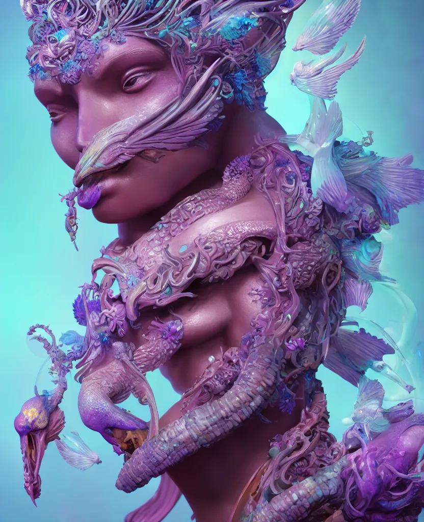 Image similar to goddess full color painted acryllic sculpture close-up portrait. orchid bird phoenix head, nautilus, skull, betta fish, bioluminiscent creatures, intricate artwork by Tooth Wu and wlop and beeple. octane render, trending on artstation, greg rutkowski very coherent symmetrical artwork. cinematic, hyper realism, high detail, octane render, 8k