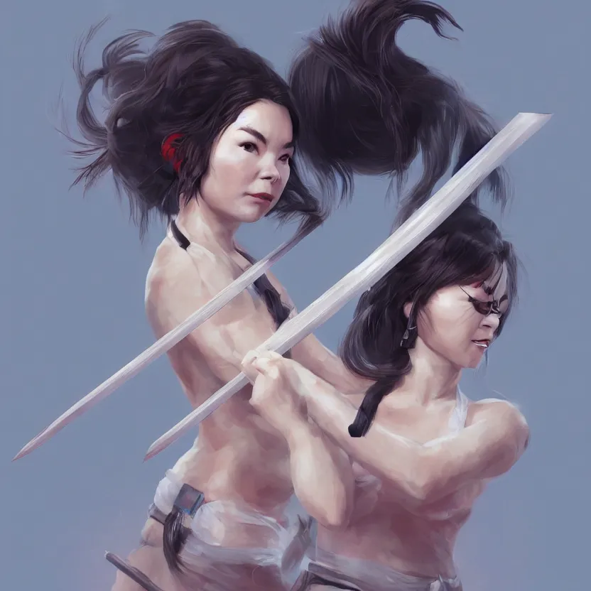 Image similar to bjork holding a katana, ponytail, highly detailed, digital painting, artstation, concept art, smooth, sharp focus, kunoichi, illustration