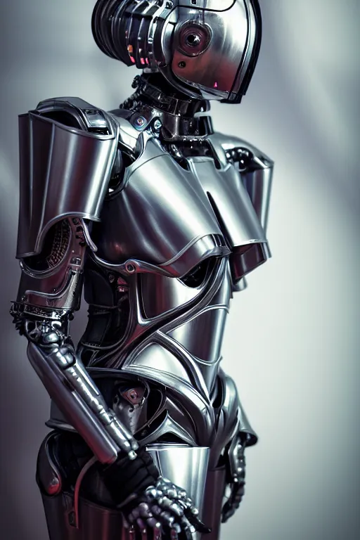 Image similar to cybernetic ultra high tech female knight, sci - fi, cyberpunk, barocco, high tech, futurism, exoskeleton, symmetry, cinematic, elegant, luxury, perfect light, perfect composition, dlsr photography, sharp focus, 8 k, ultra hd, sense of awe, highly detailed, realistic, intricate, science journal cover