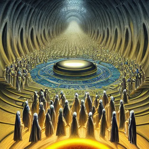 Image similar to a quantum computer, surrounded by a dark cabal of hooded elven mystics with long robes gathered in a circular formation, michael whelan art, dan seagrave art