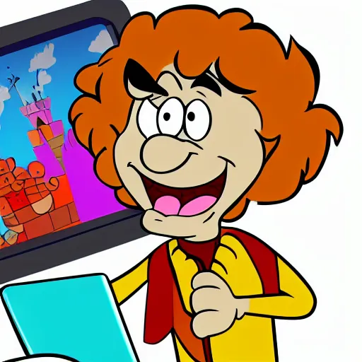 Image similar to shaggy from scooby doo holding laptop cartoon, disney, children's illustration, character