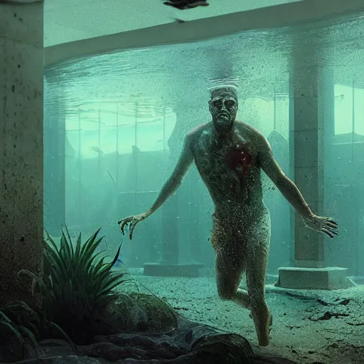 Image similar to highly detailed full body portrait of a zombie swimming underwater in a zombie - apocalypse, in a swimming pool, by greg rutkowski, octane render