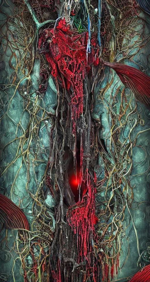 Prompt: cinema 4d colorful render, organic, ultra detailed painting of a waterfall , scratched, biomechanical cyborg, syringes, beaming shining light, analog, macro lens, cathedral, beautiful natural soft rim light, blood, veins, sicko, winged insects and stems, roots, fine foliage lace, red and black details, Rick Owens, art nouveau fashion embroidered, intricate details, mesh wire, computer components, motherboard, floppy disk eyes,mandelbrot fractal, anatomical, facial muscles, cable wires, elegant, hyper realistic, in front of dark flower and feather pattern wallpaper, ultra detailed, 8k post-production