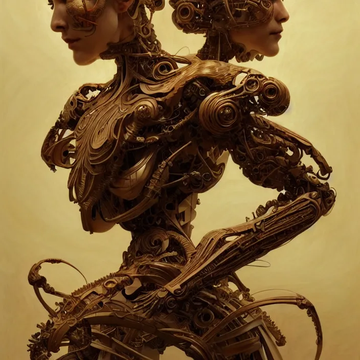 Image similar to organic cyborg, japanese wood carving, diffuse lighting, fantasy, intricate, elegant, highly detailed, lifelike, photorealistic, digital painting, artstation, illustration, concept art, smooth, sharp focus, art by John Collier and Albert Aublet and Krenz Cushart and Artem Demura and Alphonse Mucha