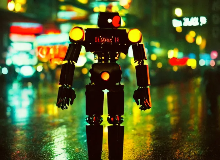 Image similar to a 2 8 mm macro kodachrome photo of a tall huge metallic cyborg droid with glowing lights, running on a rainy night in the city in the 1 9 5 0's, seen from a distance, canon 5 0 mm, cinematic lighting, film, photography, award - winning, neon, cyberpunk, blade runner