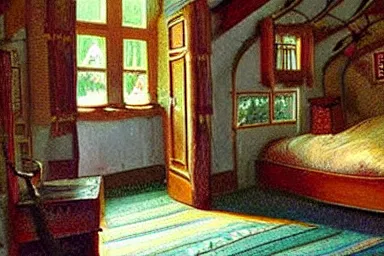 Prompt: Cozy treehouse bedroom, painted by Ivan Kramskoi and Thomas Kinkade