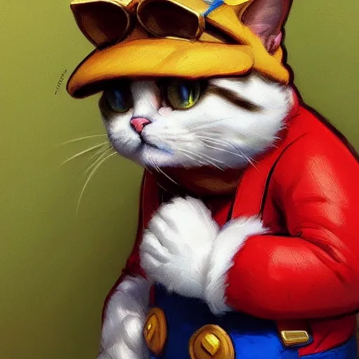 Image similar to Portrait of a Cat dressed as Super Mario, kawaii aesthetic, nintendo, highly detailed, digital painting, artstation, concept art, smooth, sharp focus, illustration, art by artgerm and greg rutkowski and alphonse mucha