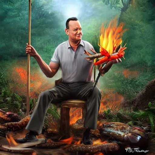 Image similar to Tom Hanks as forrest holding a giant shrimp on a stick over a campfire in the jungle, realistic digital painting, in the style of Aleksi Briclot, photoreailstic, realistic face, amazing detail, sharp