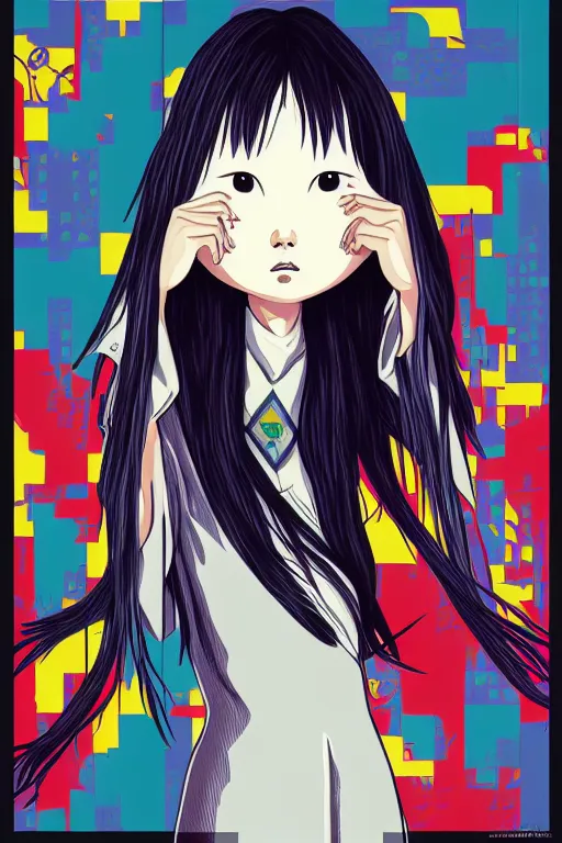 Prompt: sadako out from billboard!!! pop art, pixel, bioshock, gta chinatown, artgerm, richard hamilton, mimmo rottela, julian opie, aya takano, marika mori