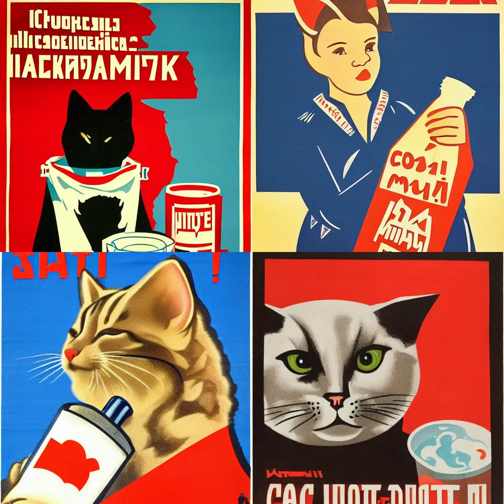 Prompt: soviet propaganda poster of a cat eating a bag of milk