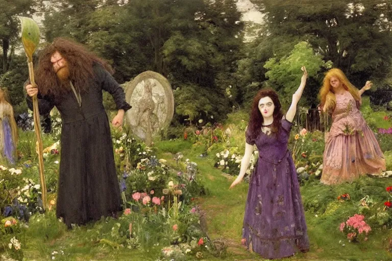 Prompt: hagrid the viking and morticia addams frolicking in a field of various flowers, fairy garden, masterpiece, highly detailed, oil on canvas, art by walter sickert, john singer sargent, and william open