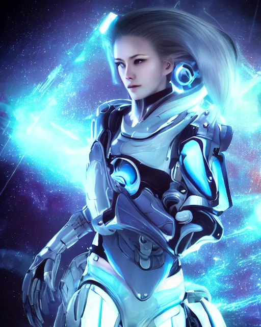 Image similar to photo of a android girl on a mothership, warframe armor, beautiful face, scifi, nebula, futuristic background, galaxy, raytracing, dreamy, focused, sparks of light, pure, long white hair, blue cyborg eyes, glowing, 8 k high definition, insanely detailed, intricate, innocent, art by akihiko yoshida, li zixin, woo kim