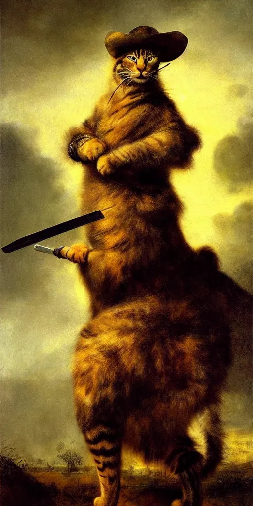 Prompt: oversized cat as hunter with weapon, strong sun backlight sunrays body , extreme very textured detailed portrait oil painting by rembrandt, dramatic clouds and atmosphere