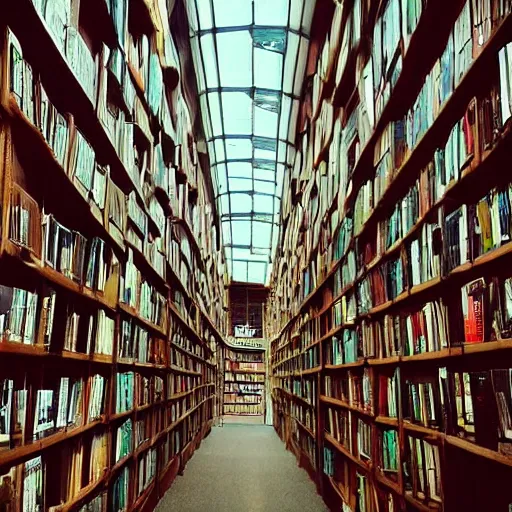 Prompt: “lost in a labyrinth that is Powell’s City of Books. Sunlit. Lots of clarity. photo”