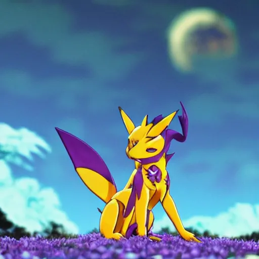 Image similar to Renamon from Digimon Tamers standing in front of the moon by a shimmering lake, sakura petals around her, moonlight, elegant, nighttime, , stars,