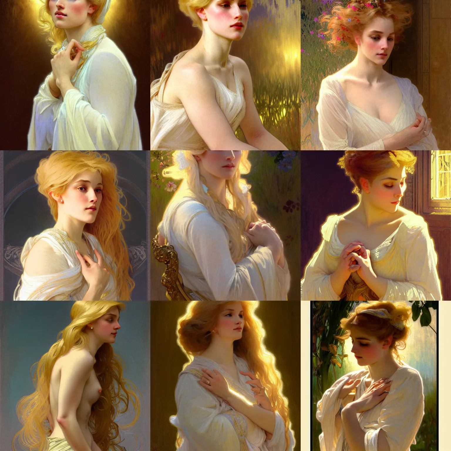 Prompt: painted portrait of a * modest * wife blessed by god with ever - increasing intelligence beauty and virtue. blonde, * clothed holy body *, light effect. feminine, powerful, in clothes! intricate, elegant, highly detailed, digital painting, artstation, concept art, smooth, sharp focus, illustration, art by gaston bussiere and alphonse mucha