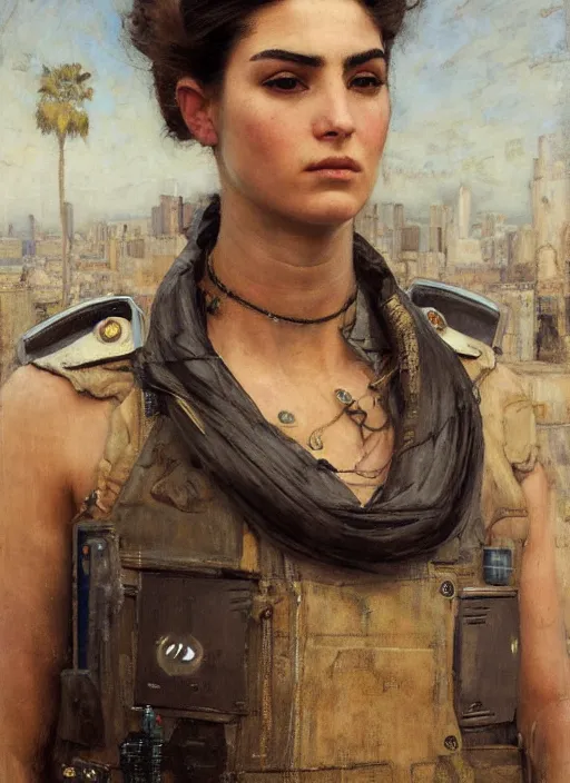 Prompt: beautiful cyberpunk pilot wearing military vest. attractive face. Iranian orientalist portrait by john william waterhouse and Edwin Longsden Long and Theodore Ralli and Nasreddine Dinet, oil on canvas. Cinematic, hyper realism, realistic proportions, dramatic lighting, high detail 4k