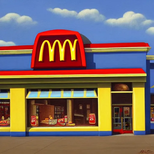 Image similar to painting of mcdonalds restaurant building, highly detailed, digital painting, smooth, sharp focus, art by m. c. escher