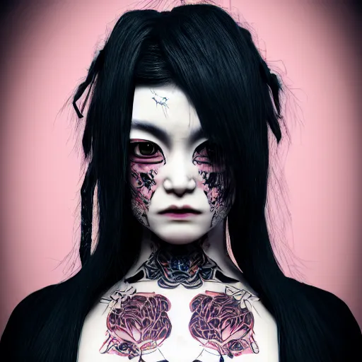 Image similar to japanese gothic model with maximalist hair style and kanji tattoos, dark colors, fashion model, portrait shot, depth of field, 8 k, hyper detailed, intricate, trending on artstation