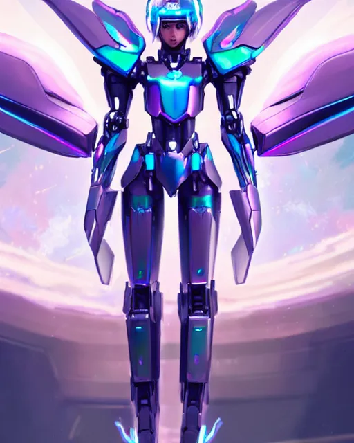 Image similar to uncropped iridescent feminine mecha ( with futuristic jet armor and wings ) with a heart visor helmet, symphogear, full body character portrait, hi - tech, trending on artstation, rave armor, digital painting, concept art, sharp focus, illustration, art by wlop and greg rutkowski