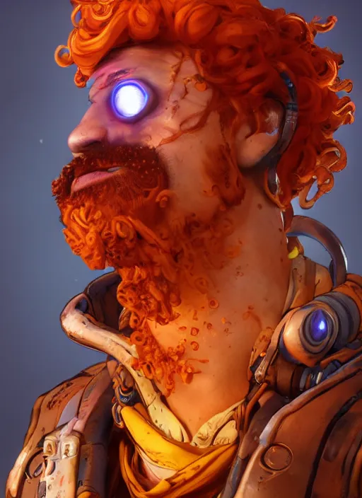 Image similar to glowwave portrait of curly orange hair man from borderlands 3, au naturel, hyper detailed, digital art, trending in artstation, cinematic lighting, studio quality, smooth render, unreal engine 5 rendered, octane rendered, art style by klimt and nixeu and ian sprigger and wlop and krenz cushart.