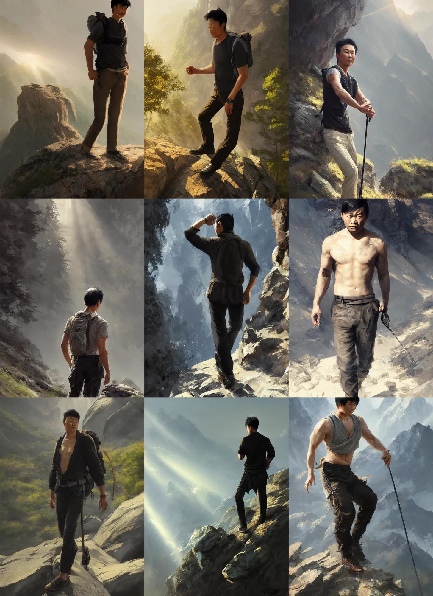 Prompt: asian man, hiking in rocky mountain, front view, black trousers, barechest, sunrays, intricate, elegant, digital painting, highly detailed, artstation, sharp focus, illustration, ruan jia, aleksi briclot, rutkowski