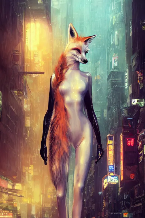 Prompt: beautiful portrait of a tall white female anthro fox smoking a cigarette towering head and shoulders above the bustling crowd of a rainy city street around her, sci fi bodysuit, cyberpunk, harsh neon lights, highly detailed, sharp focus, digital painting, illustration, trending on artstation, art by sakimichan, wlop, greg rutkowski