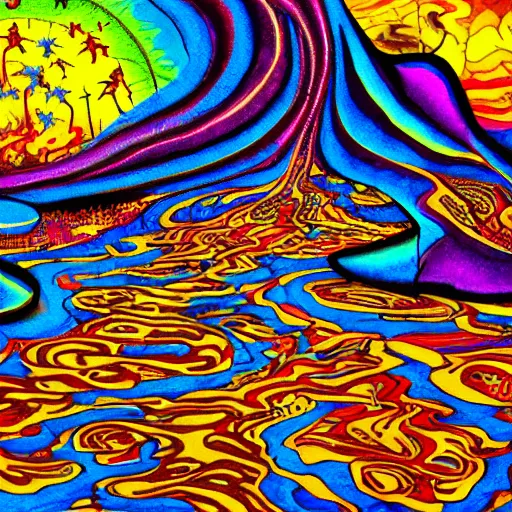 Image similar to crazy psychedelic landscape full of ghosts, utopia