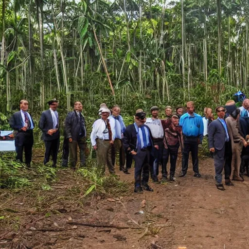 Image similar to oil company executives making money from destroying and polluting the amazon forest