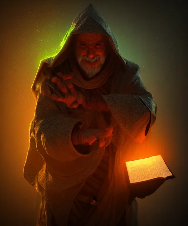 Prompt: an old turtle - wizard holding open a spell book with magic glowing runes in a mystical crystal cave at night in the dark, volumetric lighting 8 k photorender realengine character concept cinematic