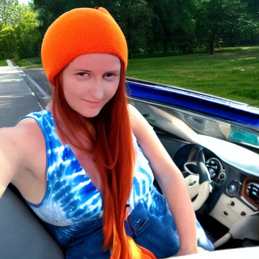 Prompt: girl with auburn hair lounging in the leather seats of a convertible car wearing an orange beanie and a faded tie-dye sleeveless shirt, selfie, faint smile