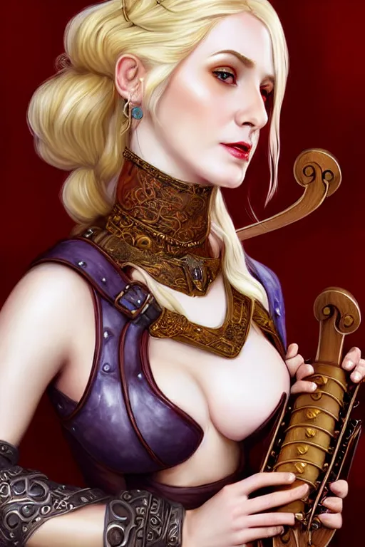 Image similar to Portrait of seductive female bard, D&D, revealing stylish dress like leather armor, holding a hurdy gurdy, choker on neck, long blonde or red hair, mouth slightly open, slight nerdy smile, fantasy, intricate, elegant, highly detailed, digital painting, artstation, concept art, smooth, sharp focus, illustration, art by artgerm and greg rutkowski and alphonse mucha