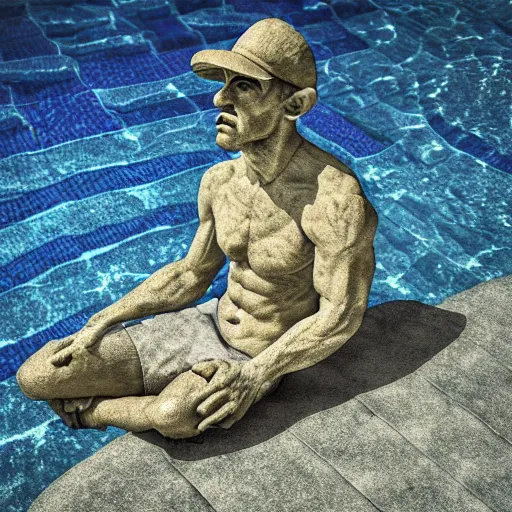 Prompt: luigi made of stone, petrified, at the pool, photography, render