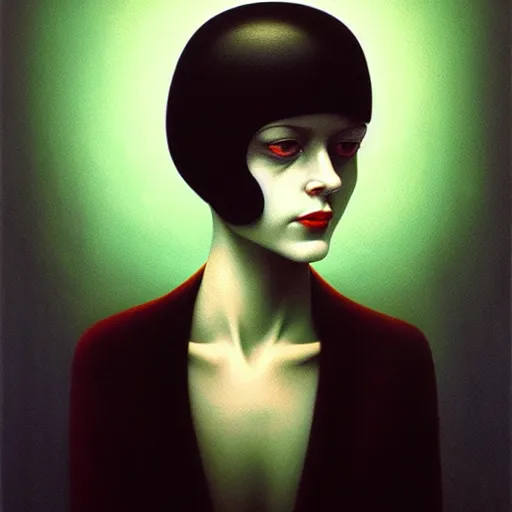 Image similar to portrait of woman from 2 0 s decade of xx century, dark atmosphere, lynchian, art by kuvshinov ilya and zdislav beksinski and wayne barlowe