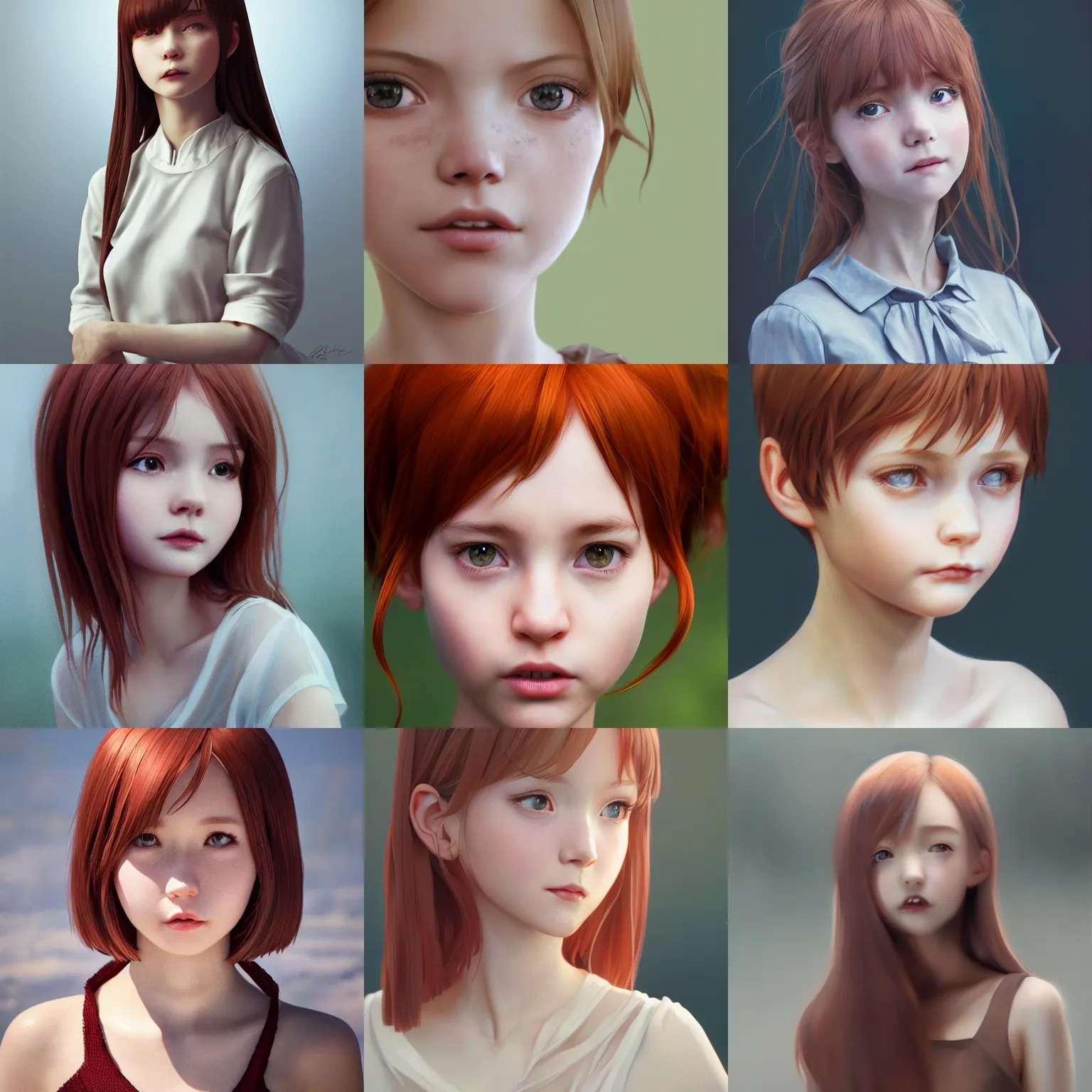 Image similar to realistic style at CGSociety by WLOP,ilya kuvshinov,krenz cushart,Greg Rutkowski,trending on artstation.Zbrush sculpt colored,Octane render in Maya,Houdini VFX.Realistic close-up face,cute young redhead girl,expressing joy,wearing dress,silky hair, deep eyes.Oil painting.Cinematic dramatic atmosphere,sharp focus,soft volumetric studio lighting.