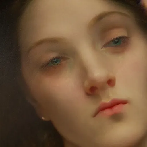 Image similar to hyperrealistic oil painting of woman, oil paint drips, dim volumetric lighting, 8 k octane beautifully detailed render, post - processing, portrait, extremely hyper - detailed, intricate, epic composition, cinematic lighting, masterpiece, by william - adolphe bouguereau and alphonse mucha, trending on artstation, very very detailed, masterpiece, stunning,