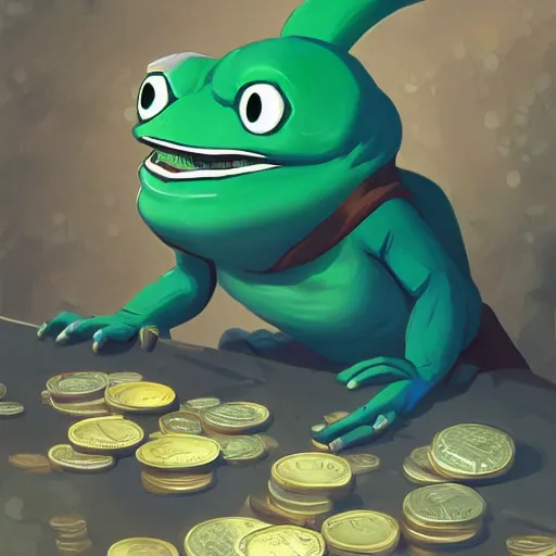 Prompt: super rich happy pepe in the vault, luxury, treasury, coins, money, hyper detalied, blue crystals, greg rutkowski, artstation