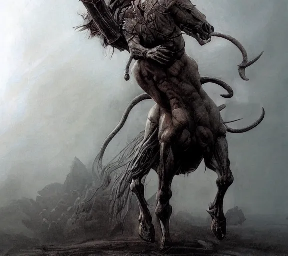 Image similar to centaur concept, bottom of the horse, upper torso of an armored warrior, beksinski, wayne barlowe, adrian smith fantasy art, the hobbit art, lord of the ring art, the witcher concept art, trending on artstation, game of throne art