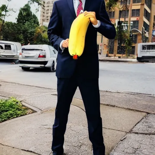 Image similar to a man wearing a suit banana head