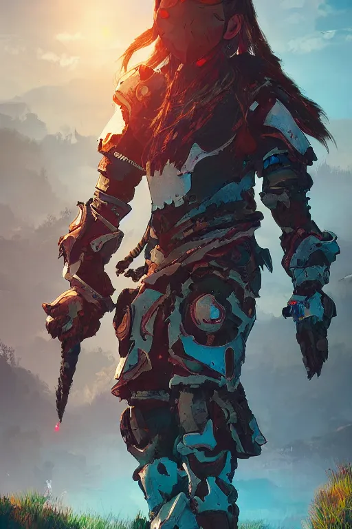 Image similar to combination suit armor aloy horizon forbidden west horizon zero dawn radiating a glowing aura global illumination ray tracing hdr fanart arstation by ian pesty and alena aenami artworks in 4 k tribal robot ninja mask helmet backpack